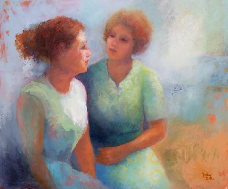 oil painting of women talking