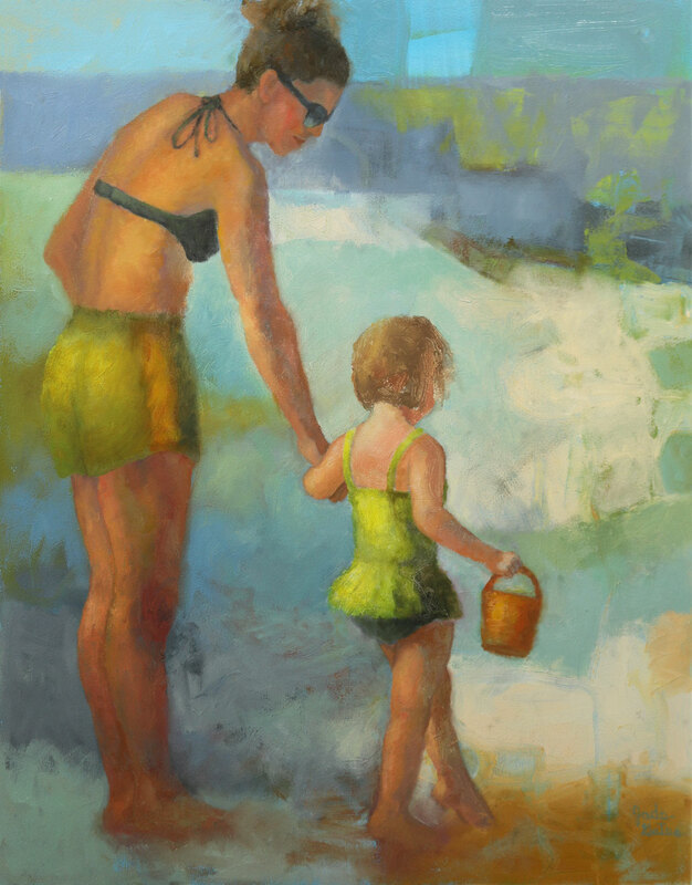 figurative oil painting by Jade Gates of mother and daughter at the beach