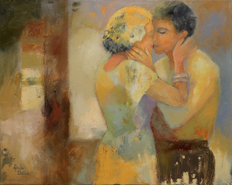 oil painting of couple kissing