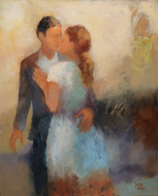 oil painting couple embracing in romance