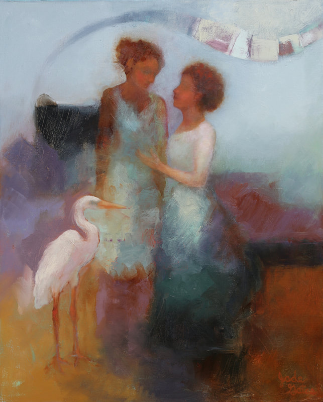 oil painting of 2 women talking and a heron standing in front of them