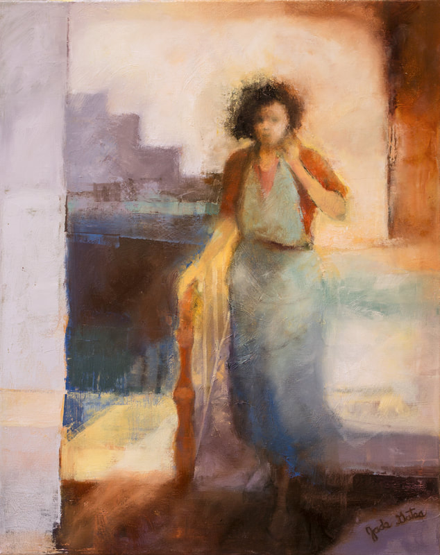 oil painting of woman standing at stair landing