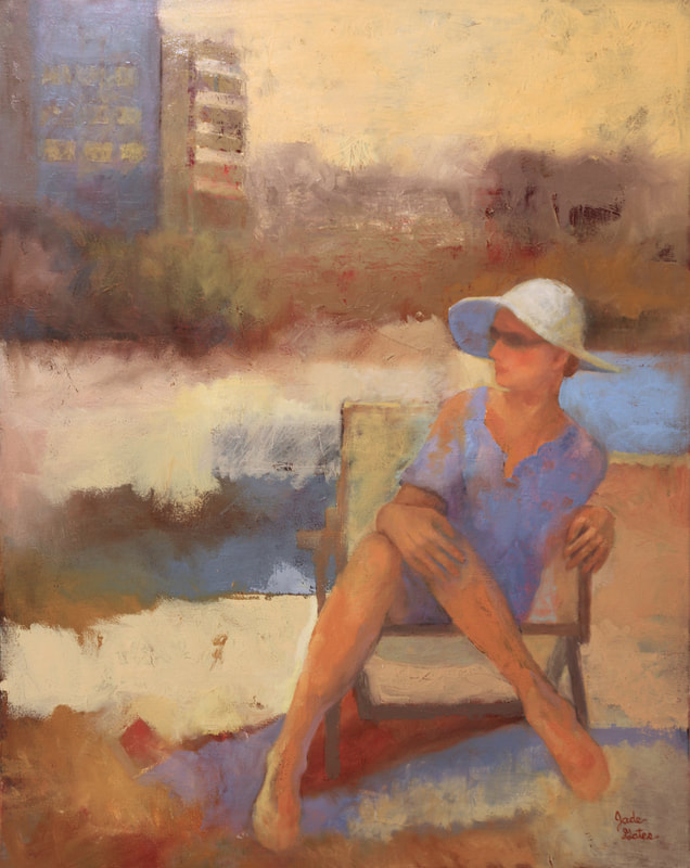 figurative oil painting of women sitting in chair wearing a white hat