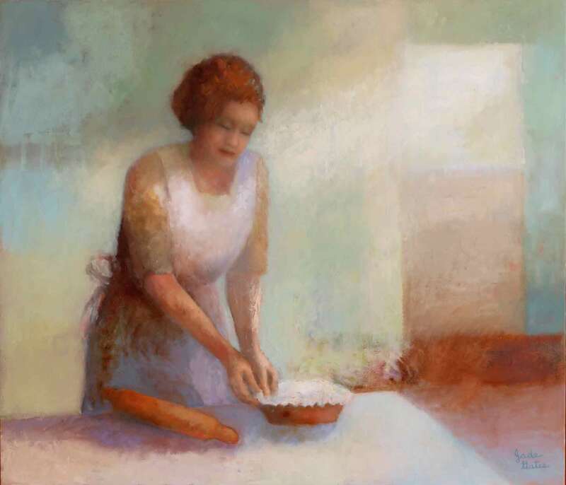 figurative art, woman cooking, pastry, apple pie